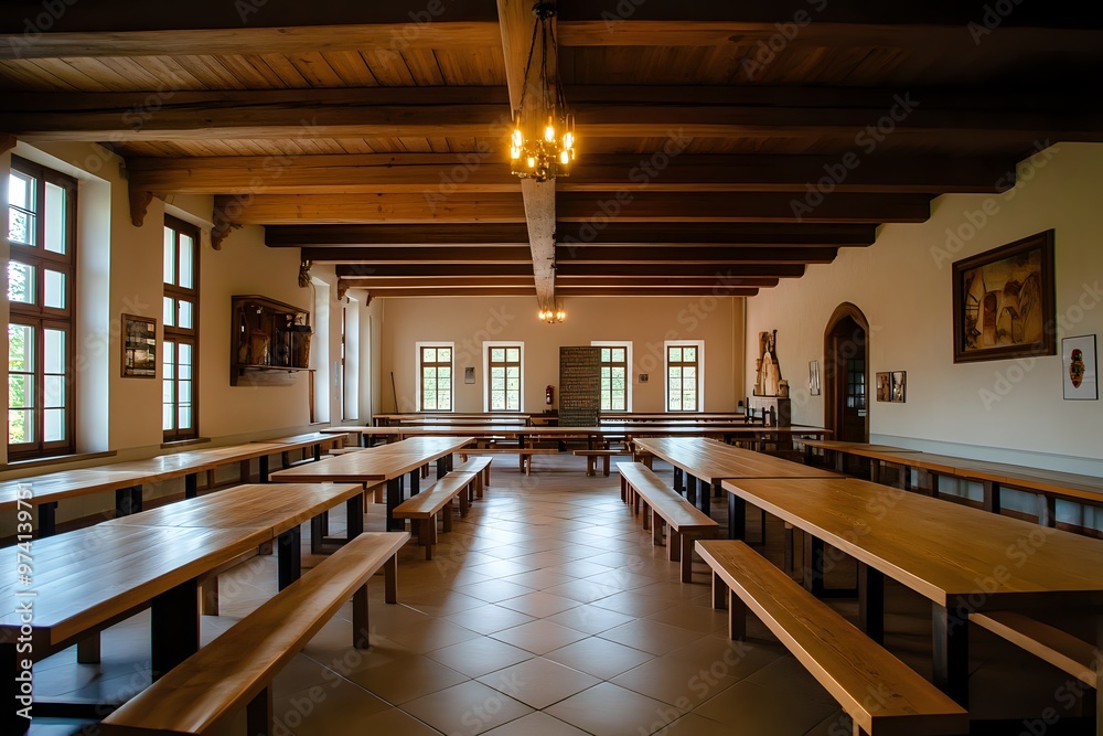 Wooden tables and benches in a large dining hall with a high ceiling. Wooden tables and benches in a large dining hall with a high ceiling.