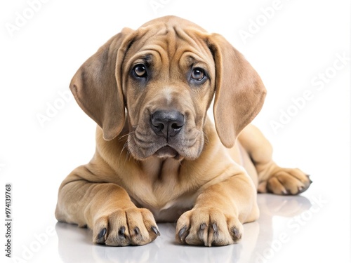 Adorable tan Great Dane puppy with floppy ears and sweet expression lies on its side, paws tucked in, on a soft, white background.