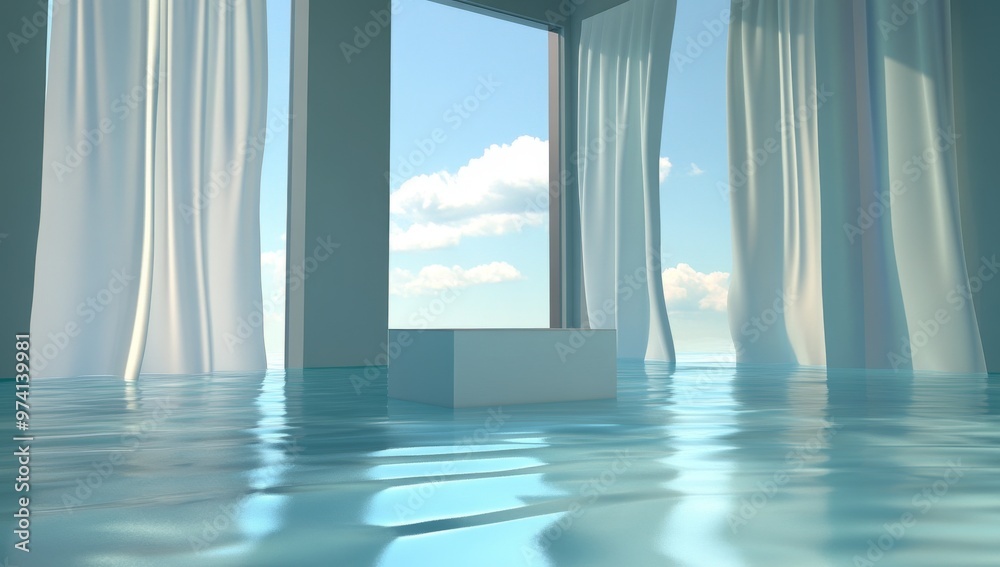 Fototapeta premium empty room with an open window; the sky is visible outside, and clouds drift by. The floor of the space