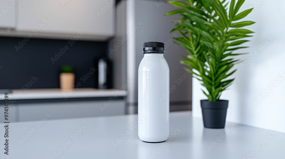 Minimalistic view of a white water bottle on a kitchen table with a green plant in the background, showcasing modern design.