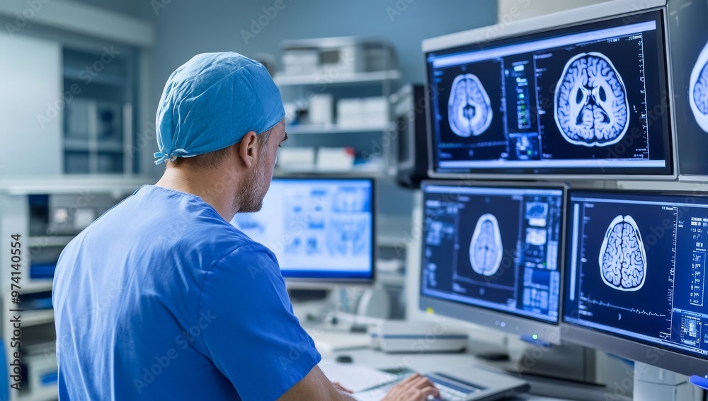 doctor in blue scrubs is seen from behind, working on multiple computer screens displaying medical images