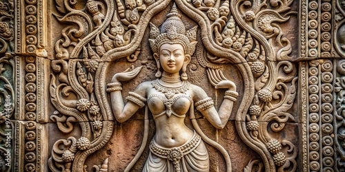 Delicately carved ancient Cambodian temple bas-relief depicting a mythological apsara, a heavenly female spirit, in a