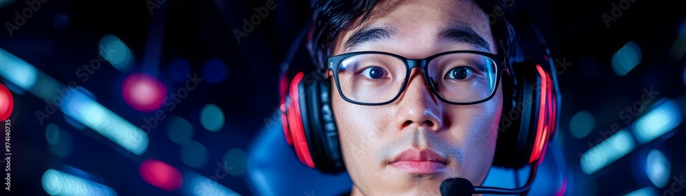 Focused gamer wearing headphones, immersed in the world of esports with vibrant lighting in the background. Focused gamer wearing headphones, immersed in the world of esports with vibrant lighting in the background.