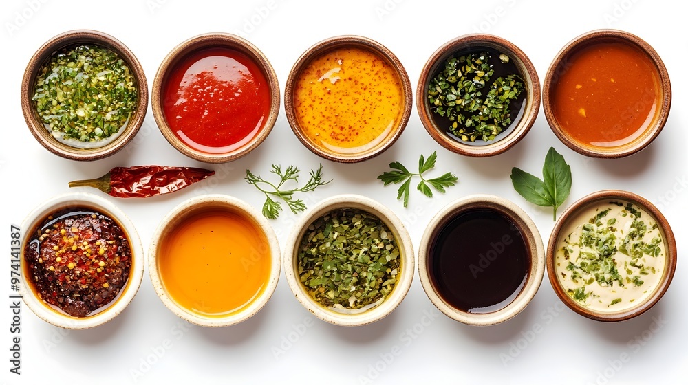 Assorted Sauces and Condiments in Bowls on White Background Assorted Sauces and Condiments in Bowls on White Background