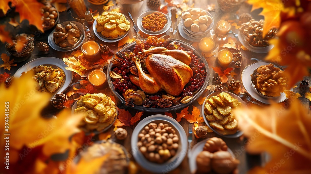 A festive Thanksgiving feast featuring a golden turkey surrounded by colorful autumn leaves and an abundance of delicious dishes. A festive Thanksgiving feast featuring a golden turkey surrounded by colorful autumn leaves and an abundance of delicious dishes.