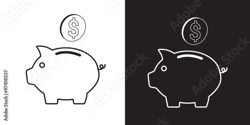 Piggy bank line icon vector silhouette, piggy bank and money.  Piggy bank saving money icon.  Pig icon, moneybox vector, silhouette. Financial icon. Vector illustration.