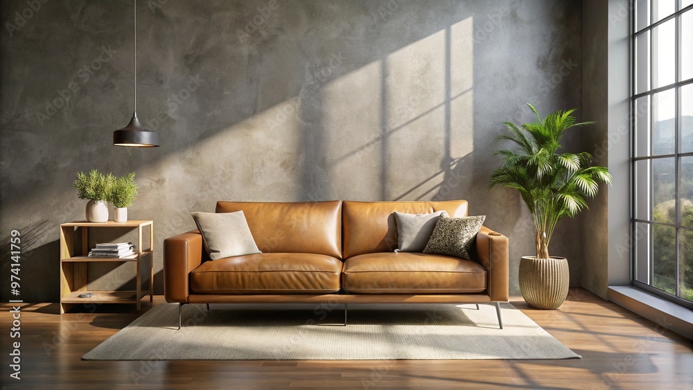 A minimalist living room features a comfortable tan leather sofa positioned against a soothing gray wall, surrounded by warm, natural light and subtle shadows.