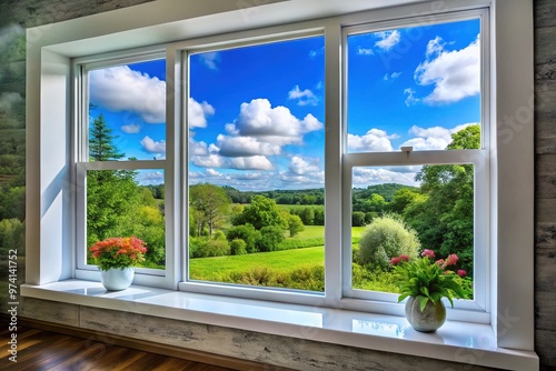 A modern picture window with a sleek storm window installed, reflecting a serene outdoor landscape with lush greenery and a bright blue sky.