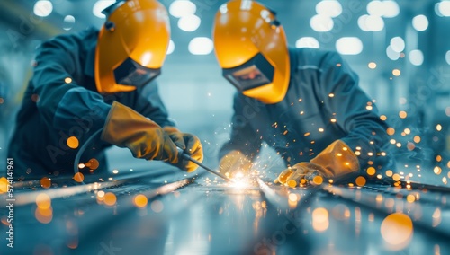 Two men wearing orange helmets and gloves are working on a piece of metal by AI generated image