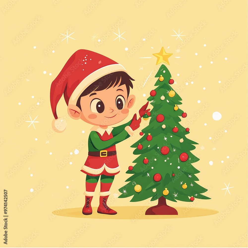 Elf decorates christmas tree with ornaments. Santa Claus helper. Cute character. Festive elf isolated on light background. Elf decorates christmas tree with ornaments. Santa Claus helper. Cute character. Festive elf isolated on light background.