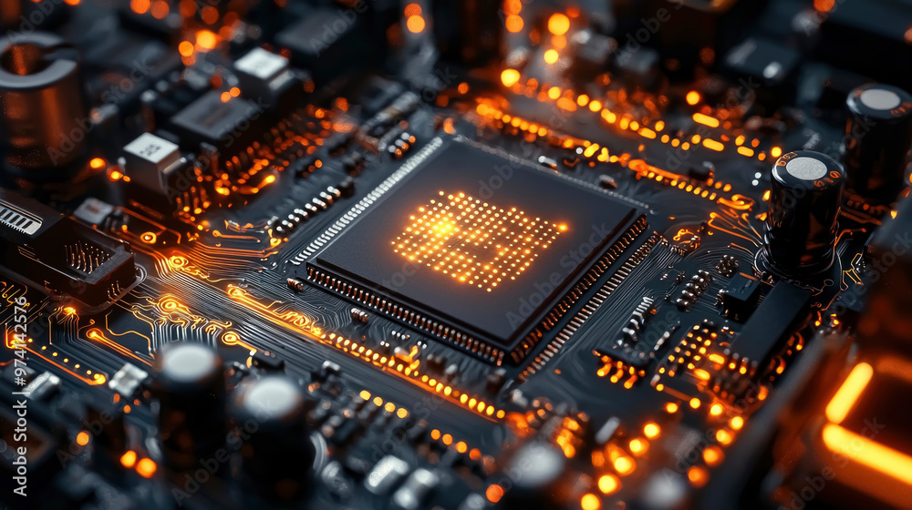 A close-up of a circuit board featuring a glowing microchip, with intricate orange pathways and components, highlighting modern technology and design.