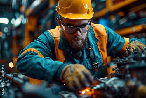 Focused industrial worker tightening bolts on a heavy duty machine in a factory