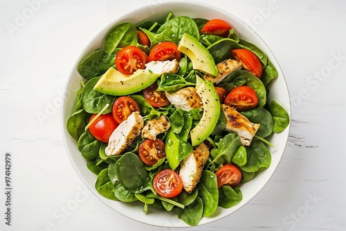 Nutritious Chicken Salad with Cherry Tomatoes, Spinach, and Avocado on White Wooden Table. Top View of Vibrant Meal for Wellness and Clean Eating.