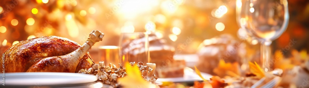 A beautifully set autumn table featuring a golden roast turkey, warm comfort food, and festive decorations for a holiday feast. A beautifully set autumn table featuring a golden roast turkey, warm comfort food, and festive decorations for a holiday feast.