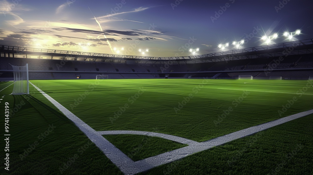 A football stadium illuminated by spotlights at night, featuring a vibrant green grass field under a deep blue sky. The scene depicts an empty soccer ground with lights shining from the stands, ideal A football stadium illuminated by spotlights at night, featuring a vibrant green grass field under a deep blue sky. The scene depicts an empty soccer ground with lights shining from the stands, ideal