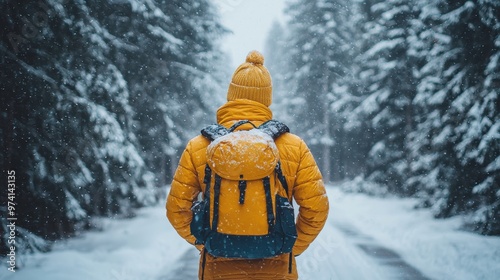 A person wearing a yellow jacket and knitted hat stands on a snow-covered path surrounded by tall evergreen trees in winter