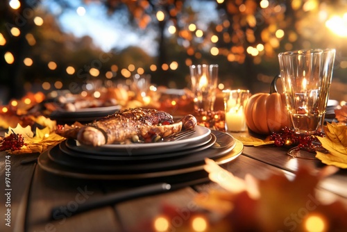 A beautifully set autumn table with a delicious turkey dish, adorned with leaves and candles, perfect for festive gatherings. photo