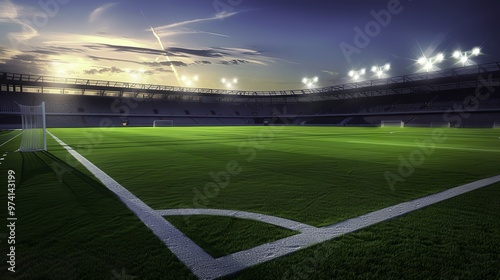 A football stadium illuminated by spotlights at night, featuring a vibrant green grass field under a deep blue sky. The scene depicts an empty soccer ground with lights shining from the stands, ideal 