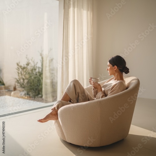 A woman sits in a cozy chair, holding a cup of coffee, gazing out the window and enjoying a peaceful moment of relaxation and contemplation.