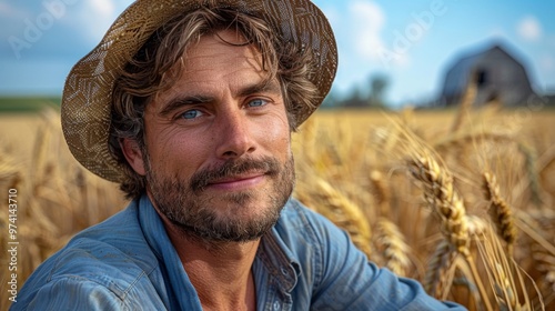 A smiling farmer in a golden wheat field during a sunny afternoon near an old barn