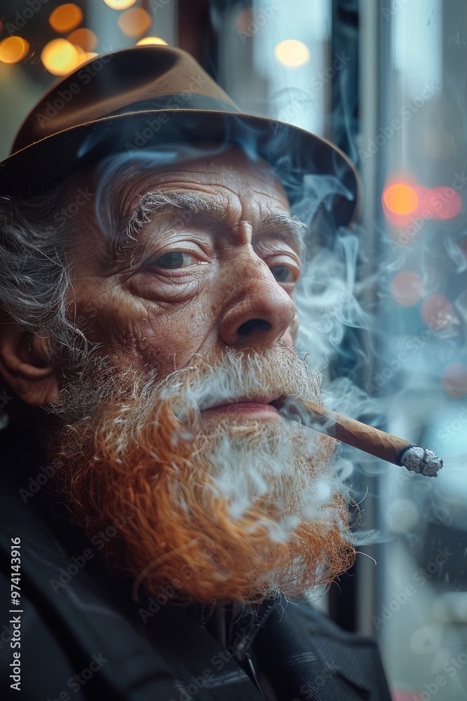 A distinguished elderly man with a red beard and hat enjoying a cigar while gazing wistfully out the window on a rainy day A distinguished elderly man with a red beard and hat enjoying a cigar while gazing wistfully out the window on a rainy day