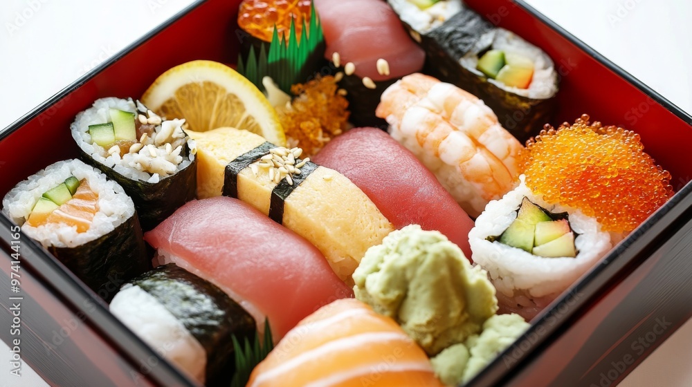  A bento box filled with neatly packed sushi and garnishes.