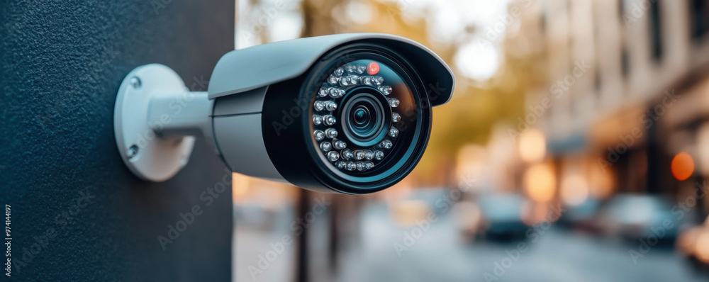 Close-up of a surveillance camera mounted on a wall, monitoring a city street for security and public safety. Close-up of a surveillance camera mounted on a wall, monitoring a city street for security and public safety.