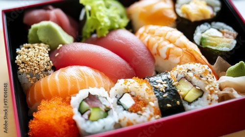  A bento box filled with neatly packed sushi and garnishes.