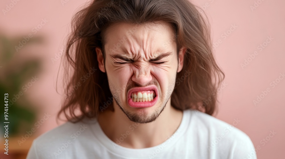 Frustrated young man with long hair grimaces while sitting indoors in a casual t-shirt against a soft pink background Frustrated young man with long hair grimaces while sitting indoors in a casual t-shirt against a soft pink background