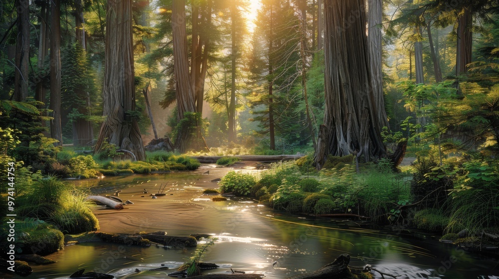 Obraz premium Serene forest landscape at sunset featuring towering trees and a calm stream in a vibrant natural setting