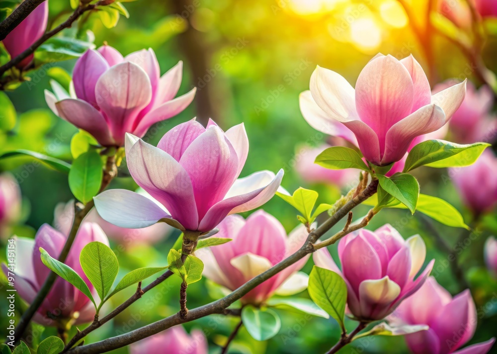 Fototapeta premium Delicate pink magnolia flowers bloom on a lush green bush, surrounded by large leaves, against a soft, blurred