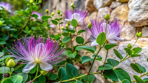 Delicate purple flowers of the caper bush, Capparis spinosa, bloom in profusion against a backdrop of bright green photo