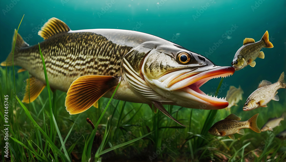 Northern pike freshwater fish swimming in the lake, water animals and wildlife, nature background, fishing, catch and release