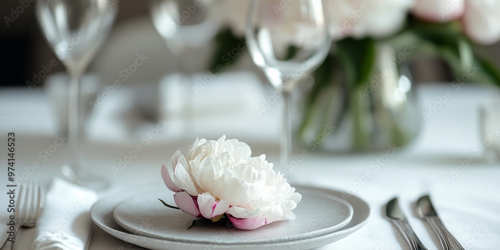 table settings white natural linnen tablecloth, silver cutlery, and light grey stone plates, cut peonies as a decoration table settings white natural linnen tablecloth, silver cutlery, and light grey stone plates, cut peonies as a decoration