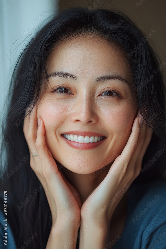 Close-up photo of a 40 year old Chinese woman with no makeup on her face, Show your teeth and laugh, long hair. Hands touching ears. Close-up photo of a 40 year old Chinese woman with no makeup on her face, Show your teeth and laugh, long hair. Hands touching ears.