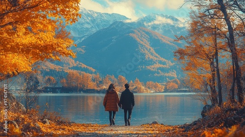 Couple strolls by a serene lake surrounded by colorful autumn foliage and majestic mountains during a sunny day