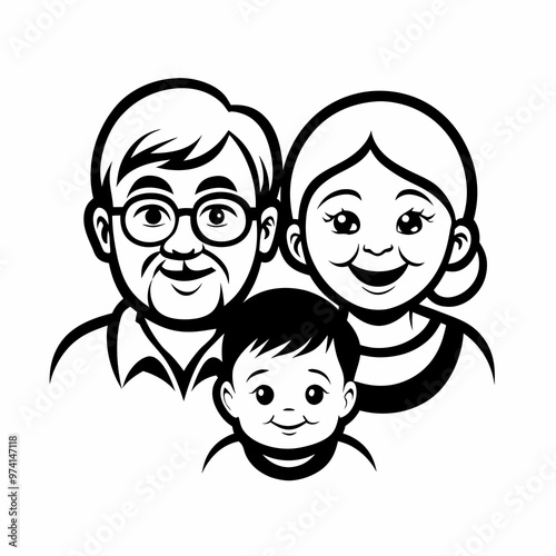 Black and white illustration of a happy grandparents with their grandchild