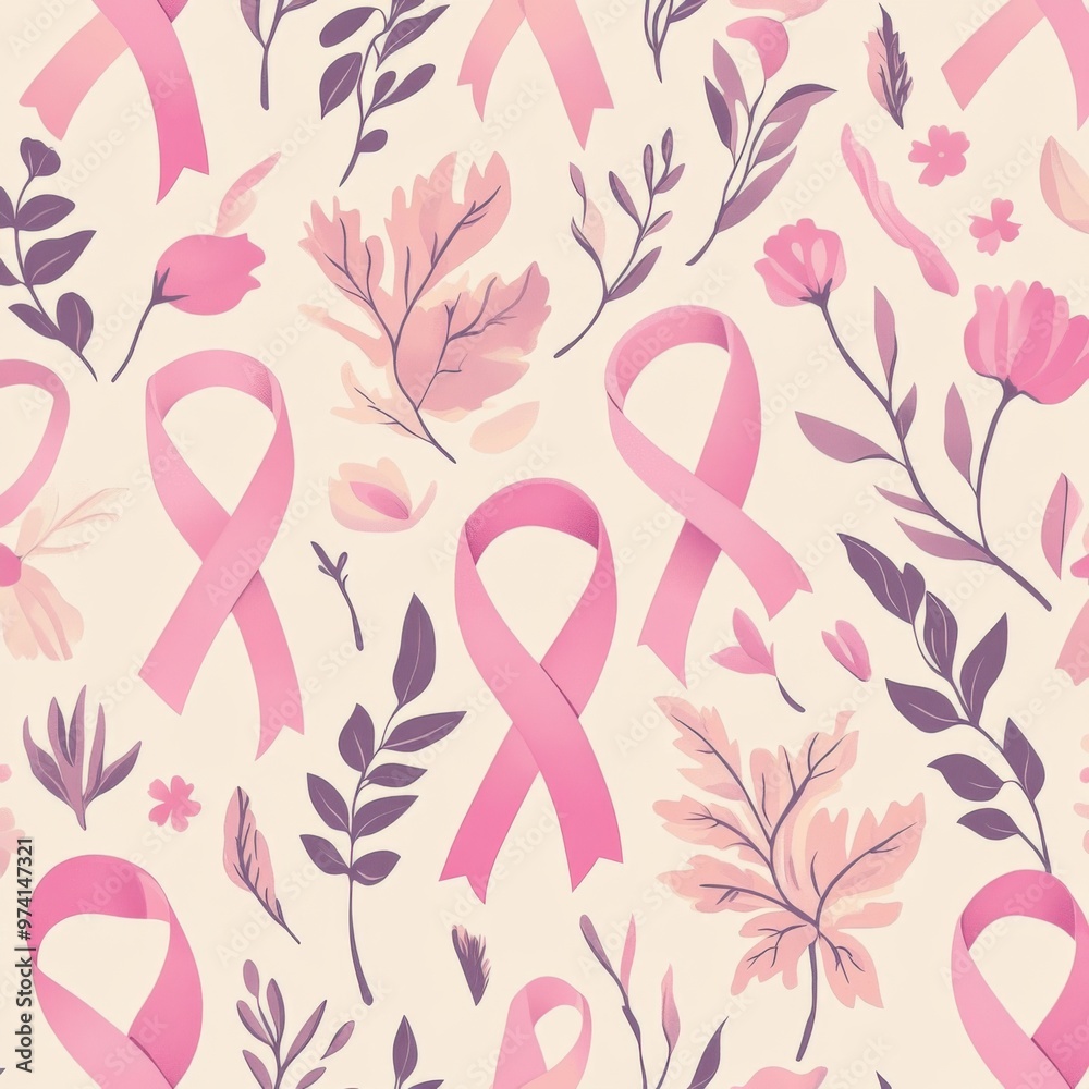 Breast cancer awareness pattern featuring pink ribbons and floral elements