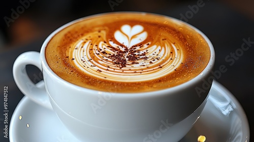 A beautifully crafted cup of coffee with intricate latte art on display in a cozy café setting on a sunny afternoon