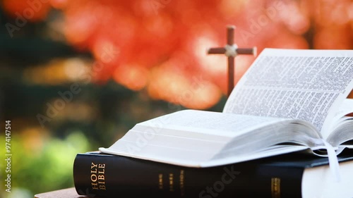 Holy Cross of Jesus Christ, Bible, Beautiful Red Maple Leaves Landscape and Thanksgiving Autumn Background
