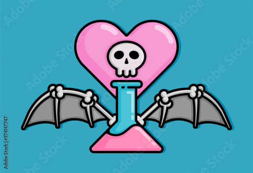 cartoon line style illustration of skull flask and heart metaphor of poison or cure for love. Clip art can be used for t shirt, clothing, print, banner, invitation, party card, sticker, pillow