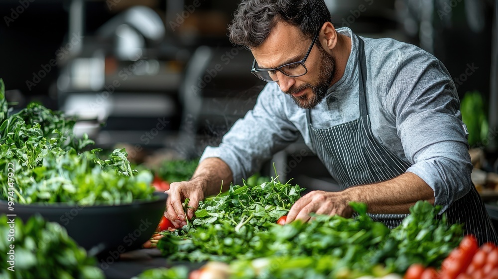 Chef preparing fresh herbs and vegetables in a bustling kitchen during midday service in a restaurant Chef preparing fresh herbs and vegetables in a bustling kitchen during midday service in a restaurant