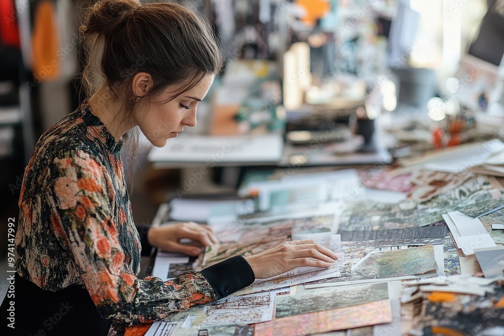 A focused woman explores creative designs on a cluttered table filled with images, showcasing inspiration and artistic expression. A focused woman explores creative designs on a cluttered table filled with images, showcasing inspiration and artistic expression.