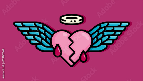cartoon line style illustration of heart of the winged angel is cracked and bleeding. Clip art can be used for t shirt, clothing, print, banner, invitation, party card, sticker, pillow