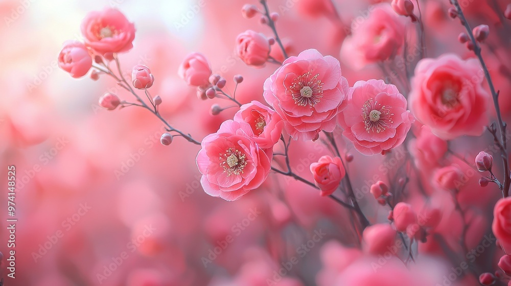 Delicate pink blossoms adorn branches in a tranquil garden during springtime, creating a serene and colorful atmosphere Delicate pink blossoms adorn branches in a tranquil garden during springtime, creating a serene and colorful atmosphere