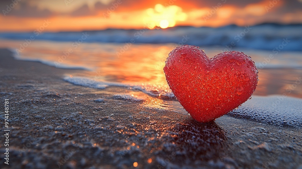Fototapeta premium A vibrant red heart on a sandy beach at sunset, with water droplets glistening as waves gently lap the shore