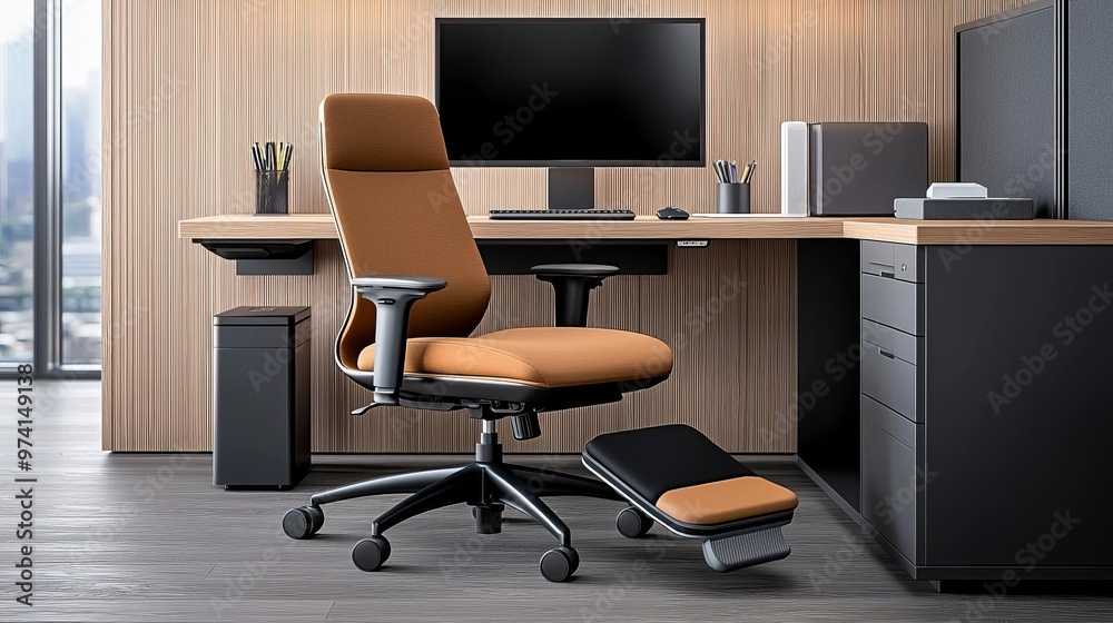 Desk with footrest setup in a modern home office Desk with footrest setup in a modern home office