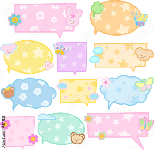 Cute vector illustration of text bubbles with bunny, butterfly, puppy, teddy bear, flowers for text, message, communication, speech, chat, dialogue, cartoon, comic, animal print, masking tape, sticker