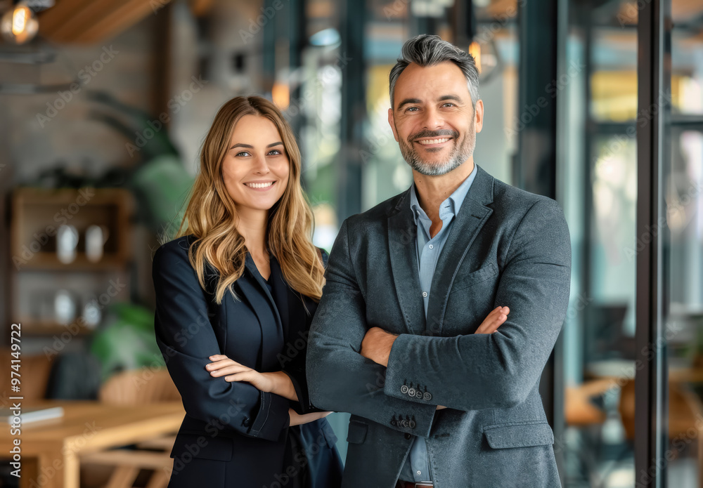 Professional Team in a Stylish Office Setting. A Caucasian man in his 40s and a Caucasian woman in her 30s, both dressed in business attire, pose confidently in a modern workspace.
Professional Team in a Stylish Office Setting. A Caucasian man in his 40s and a Caucasian woman in her 30s, both dressed in business attire, pose confidently in a modern workspace.