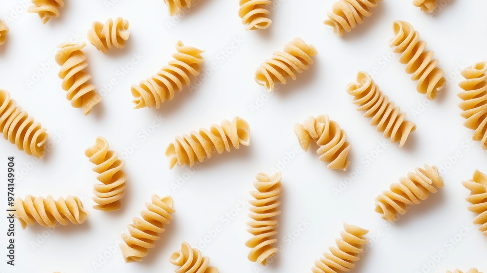 Whole wheat pasta spirals arranged on a white background highlight healthy, artisanal eating.